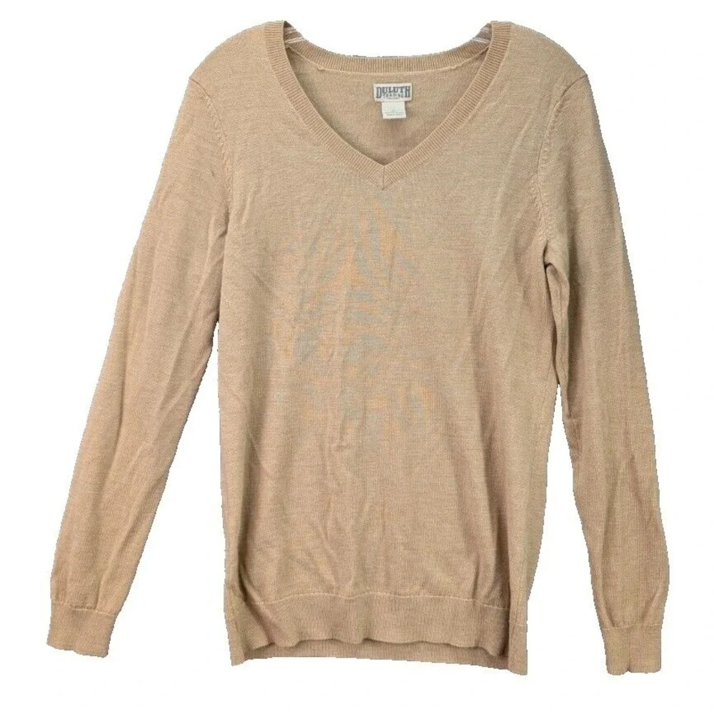 Duluth Trading Co Sweater Womens Sz Small Merino Wool V-Neck Pullover Preppy Tan
